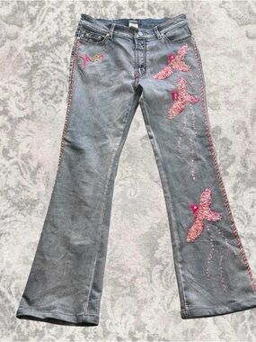 Embellished Blue Women’s Y2K Fairy Bootcut Hi-Rise Jeans with Pink Sequin Birds